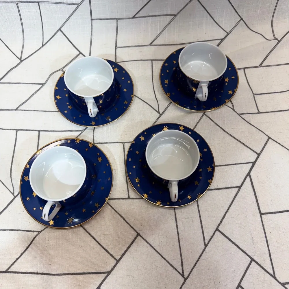 Sakura Galaxy Espresso Cup Saucer Set 4 Blue Gold Stars Celestial Porcelain